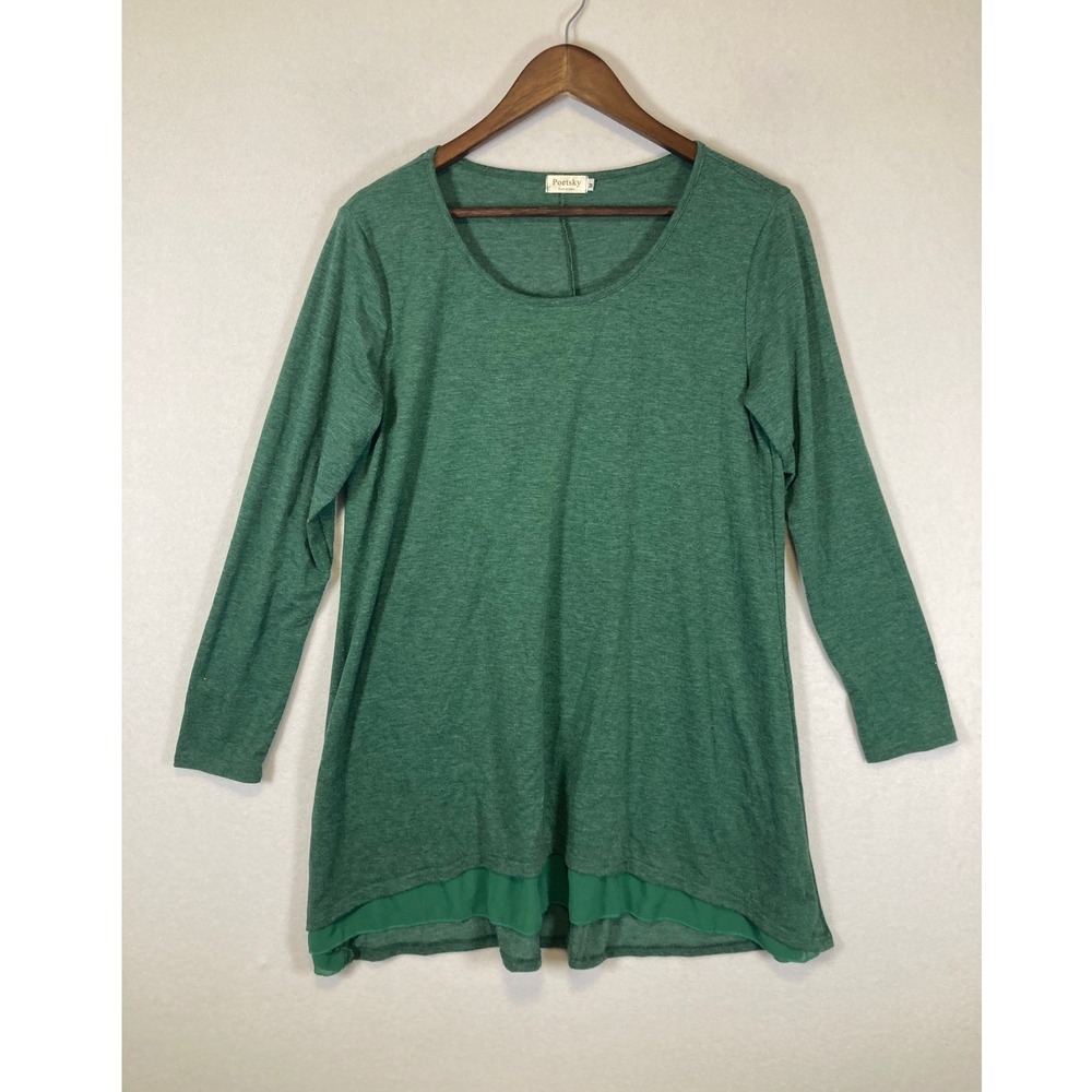 Earthy Layered Poetsky Women Medium Green Long Sleeve Chiffon Hem Tunic Top